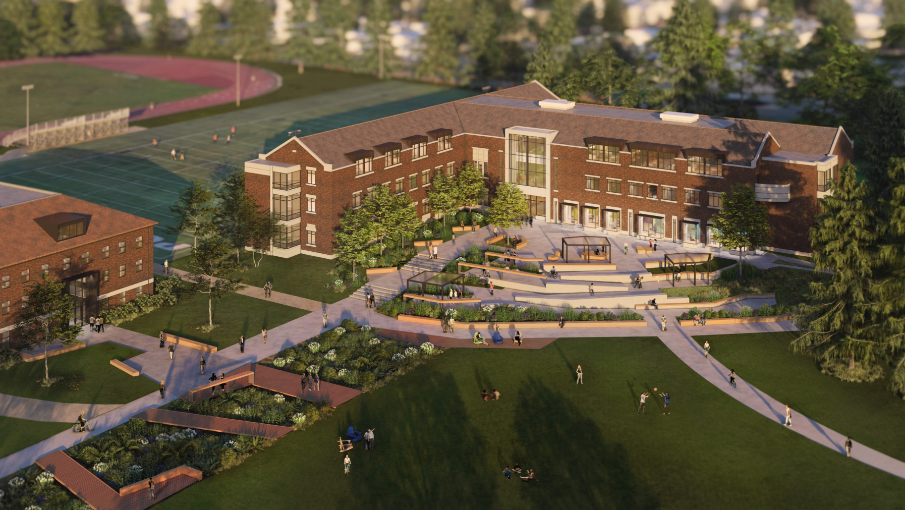 Rendering of Warner and Wyatt Halls from the 2023-43 Campus Development Plan