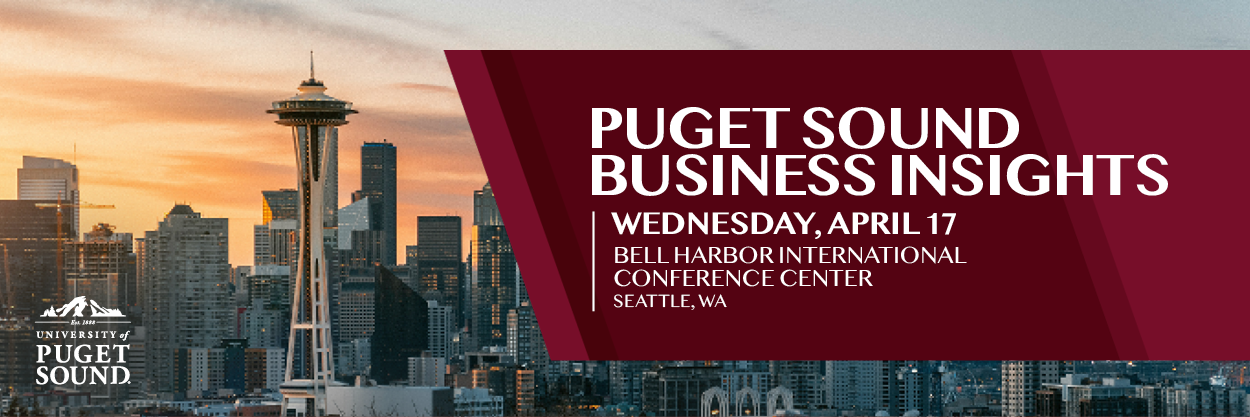 View of Seattle skyline with maroon block in the top right corner with Puget Sound Business Insights written over top. 