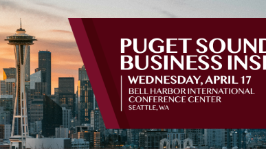 Seattle skyline with a maroon block with the copy PUGET SOUND BUSINESS INSIGHTS on it. 
