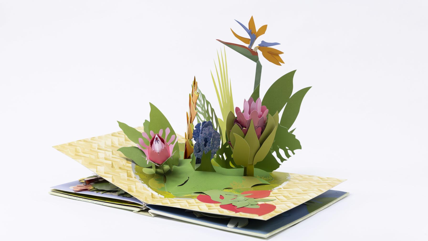 A scene from a pop-up book of intricate flower arrangements.