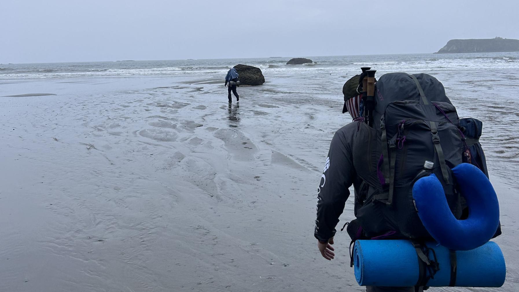 PacTrail participants backpack on the beach on Washington's Pacific coast. 