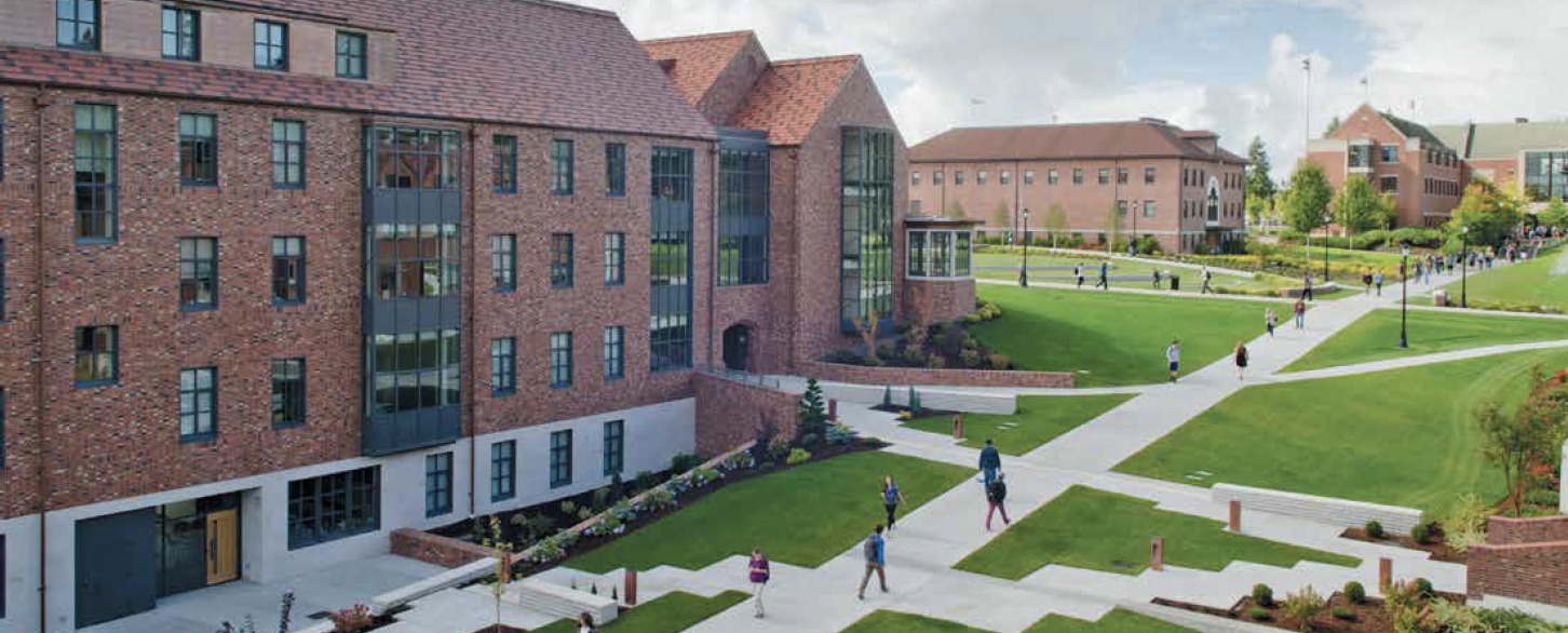 Aerial shot of brick buildings on campus