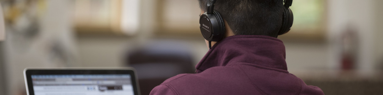 Person wearing headphones looking at a laptop