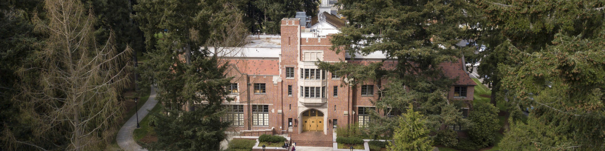 Aerial view of a brick building