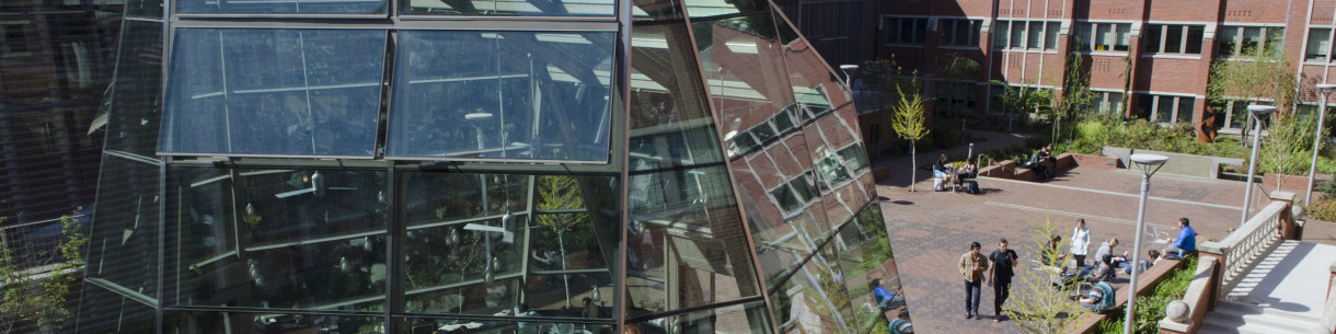 View looking down at a campus courtyard