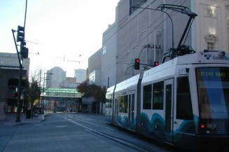 Electric bus on city street