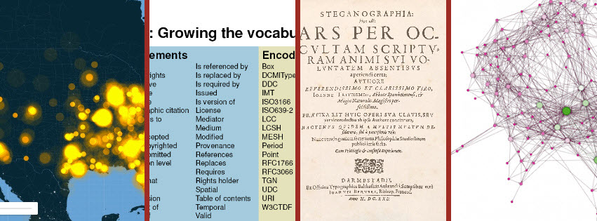 collage of digital humanities vocabulary and graphics 