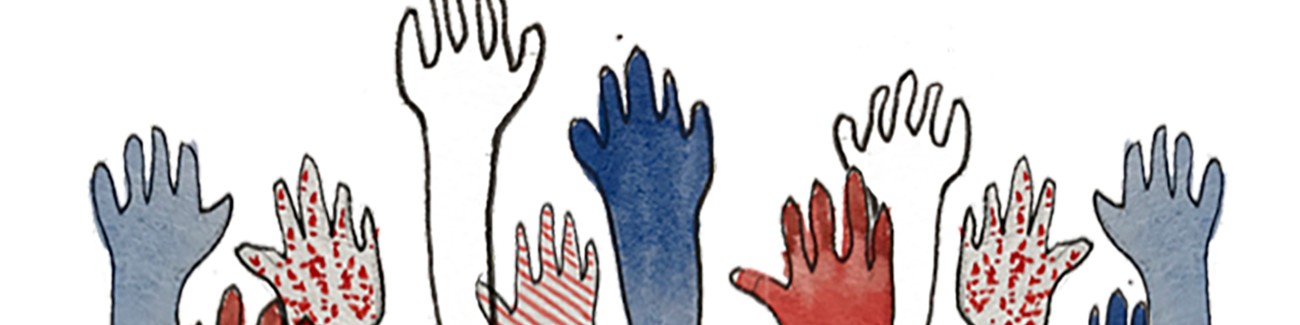 Illustration of many hands up in the air