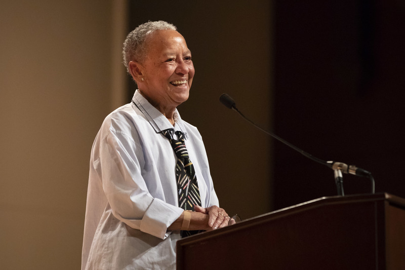 Poet, educator, and activist Nikki Giovanni gives a presentation of poems interwoven with personal anecdotes during her Pierce Lecture in Schneebeck Concert Hall.
