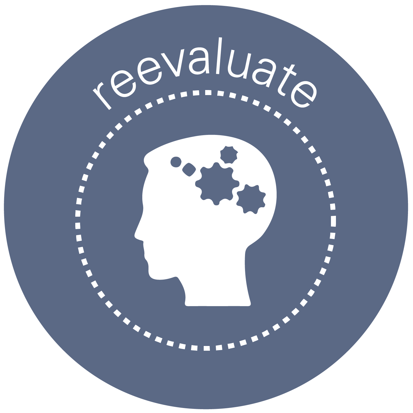 Circular badge shows gears within the outline of a persons head