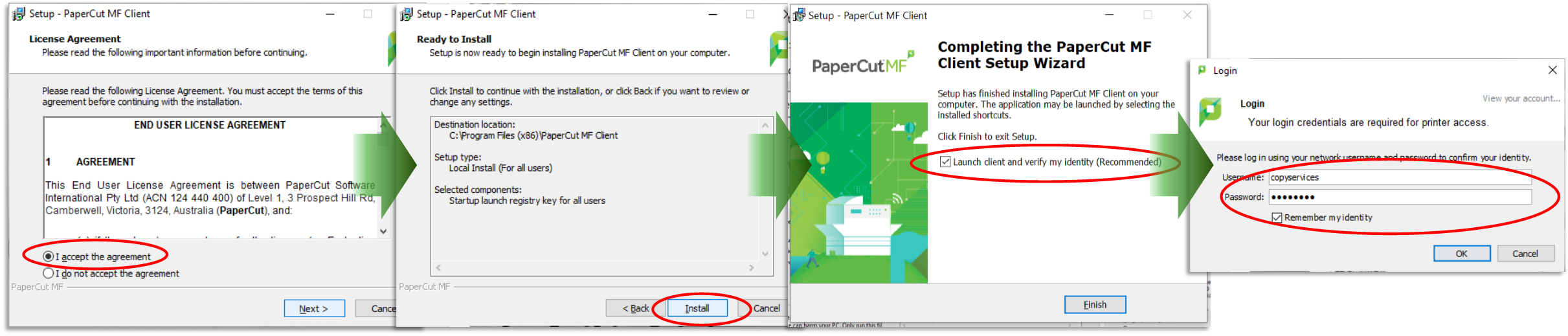 a composition of several screenshots showing the first set of PaperCutMF installation windows