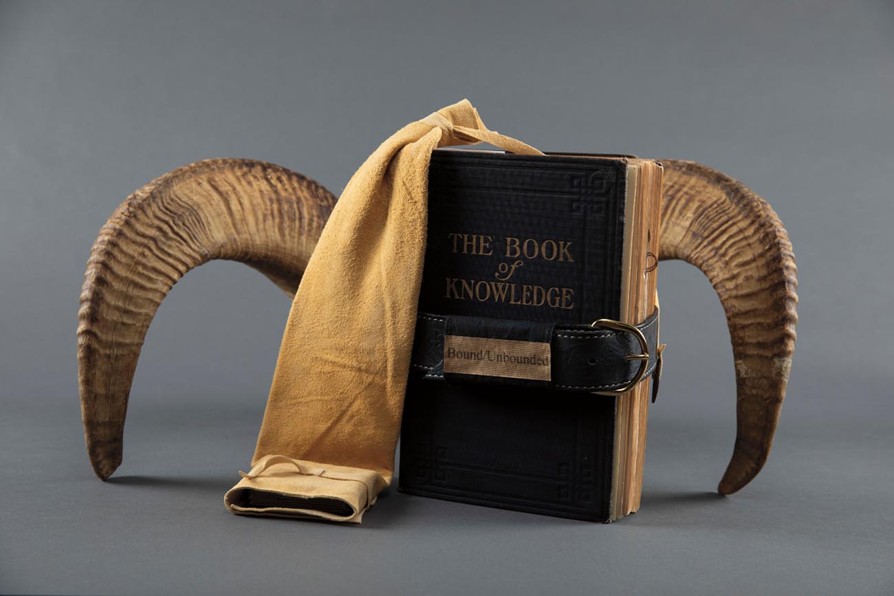 An artist book from the exhibition Science Stories with a dark cover and what appear to be curved horns coming out the sides of the book.