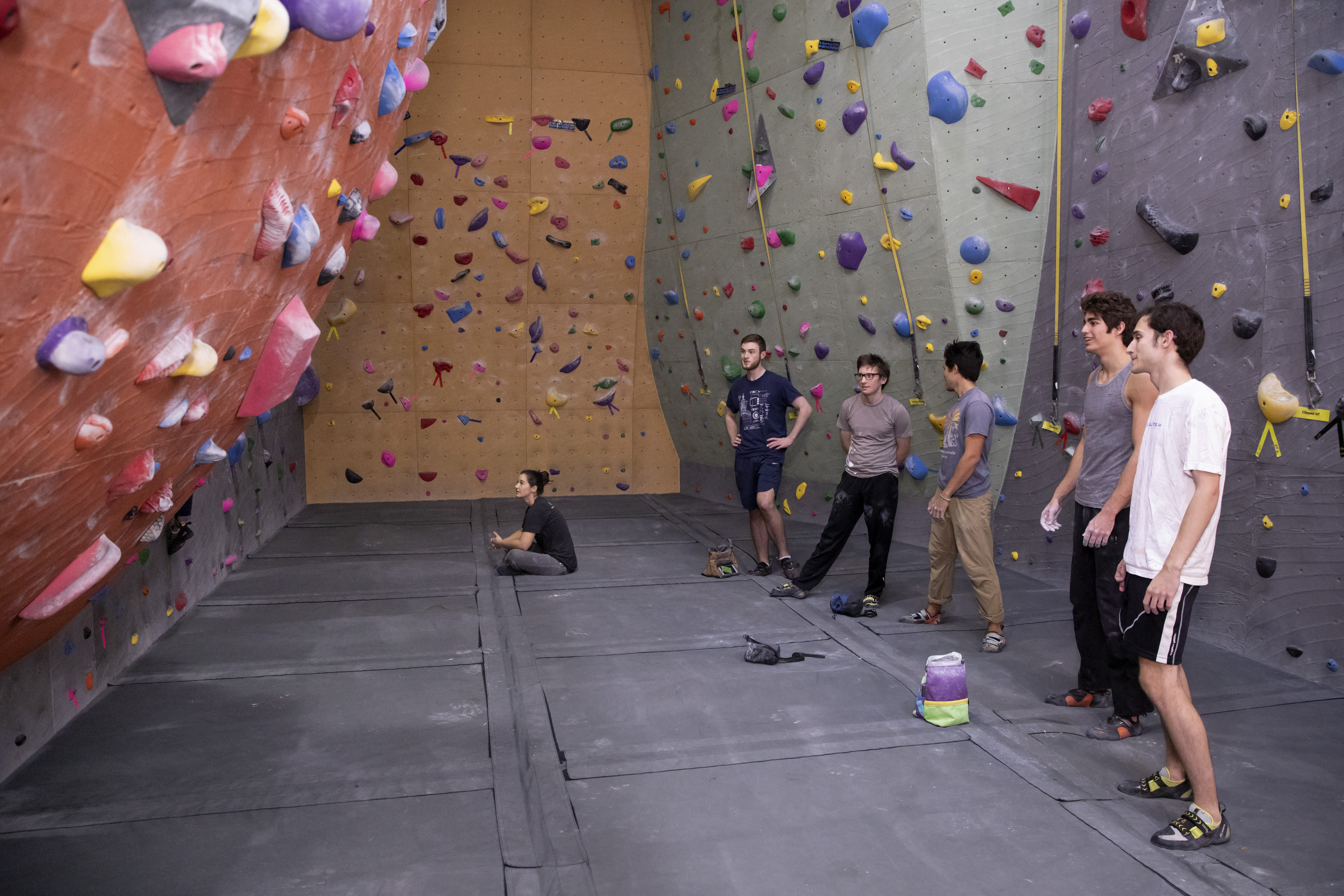 A group of students looking up at the climbing wall.