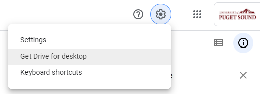 screenshot while in Google Drive on a browser showing where to find the settings button with the link to Google Drive File Stream