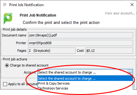 screenshot of popup window for selecting the account for billing printing