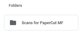 screenshot of scan folder that is automatically created in Google Drive when scanning on the copiers is first initiated (and after permission is granted to PaperCut to access Google Drive). The folder is titled "Scans for PaperCut MF", which is automatic.