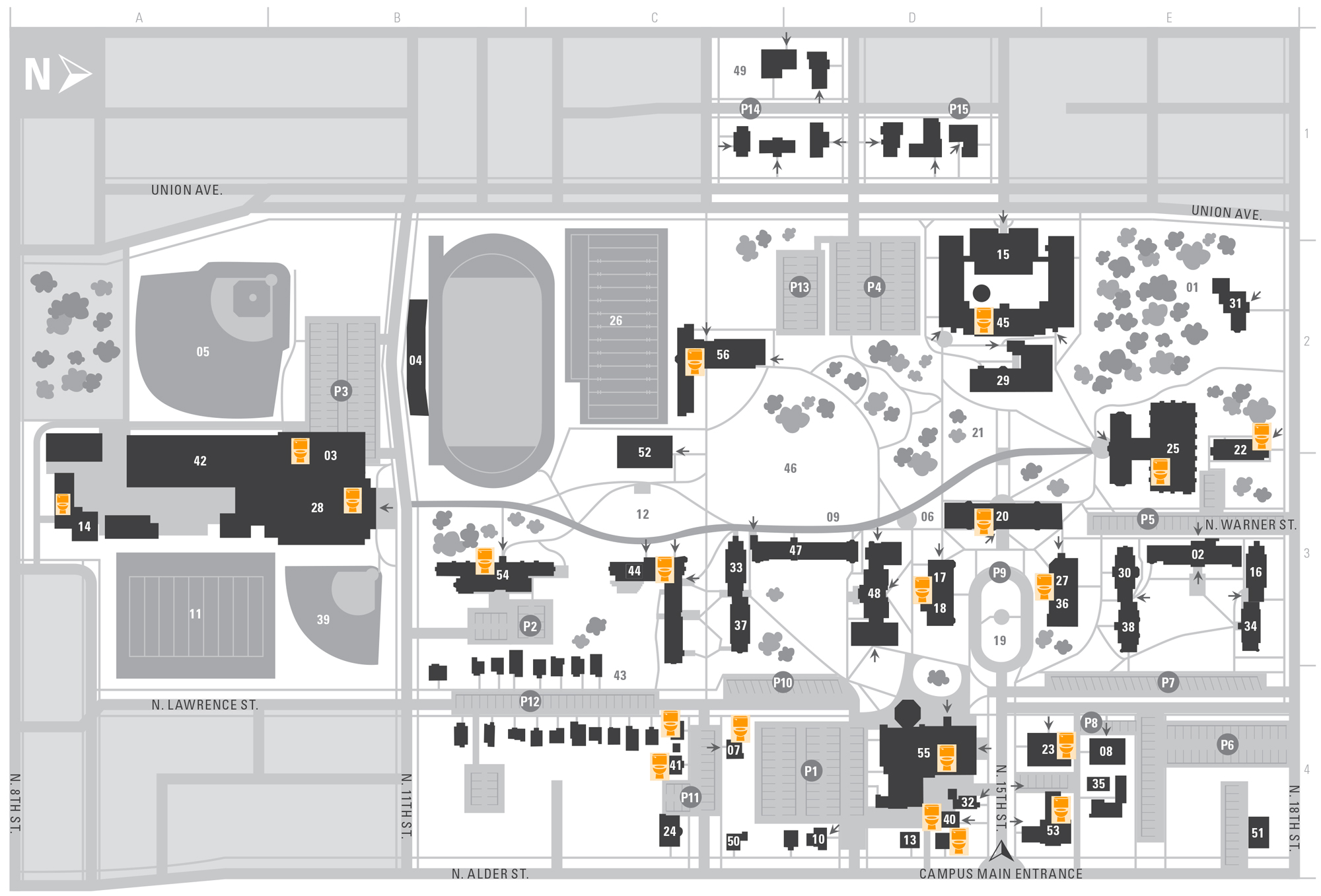 Campus map showing locations of all gender restrooms