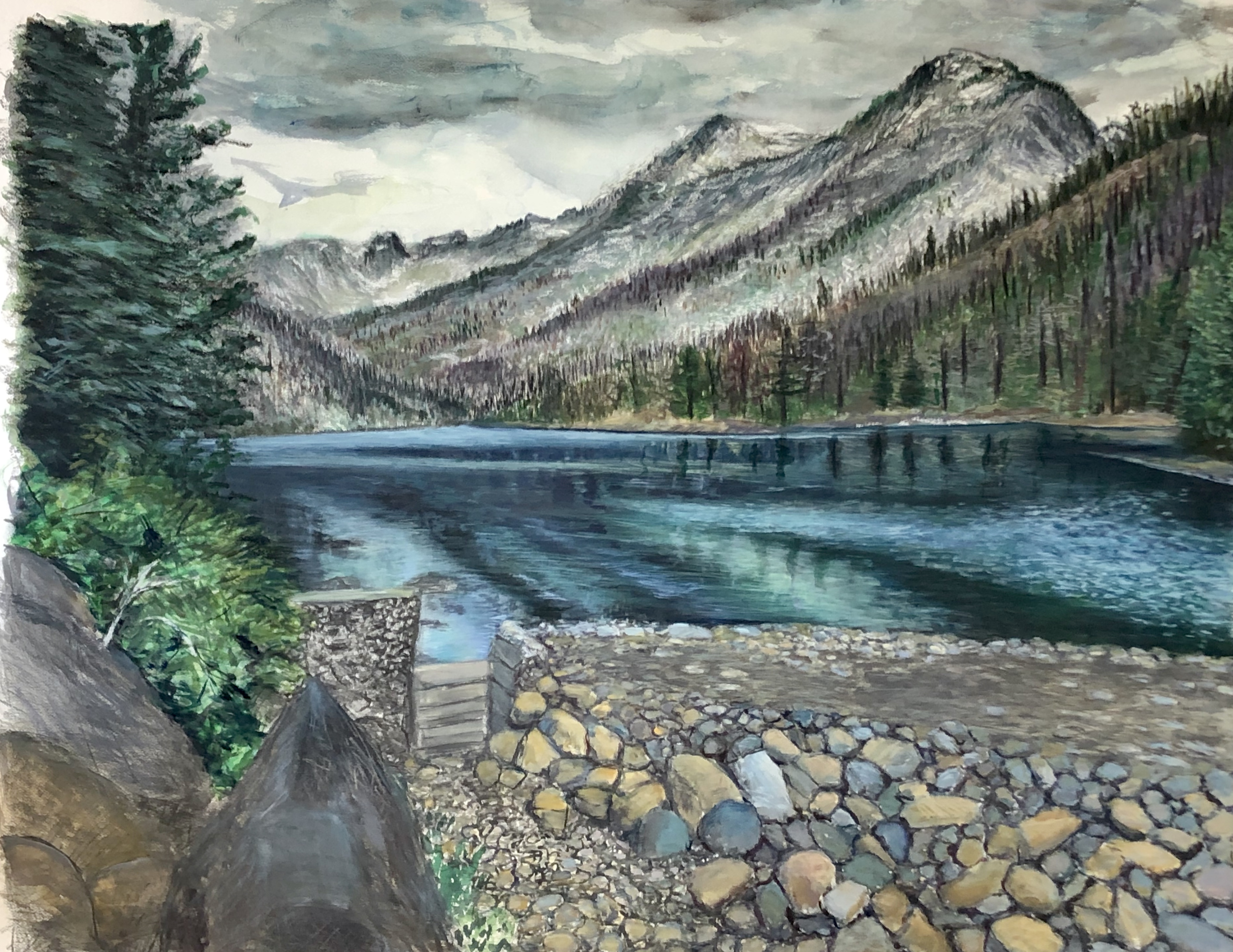 Painting of mountains and water's edge