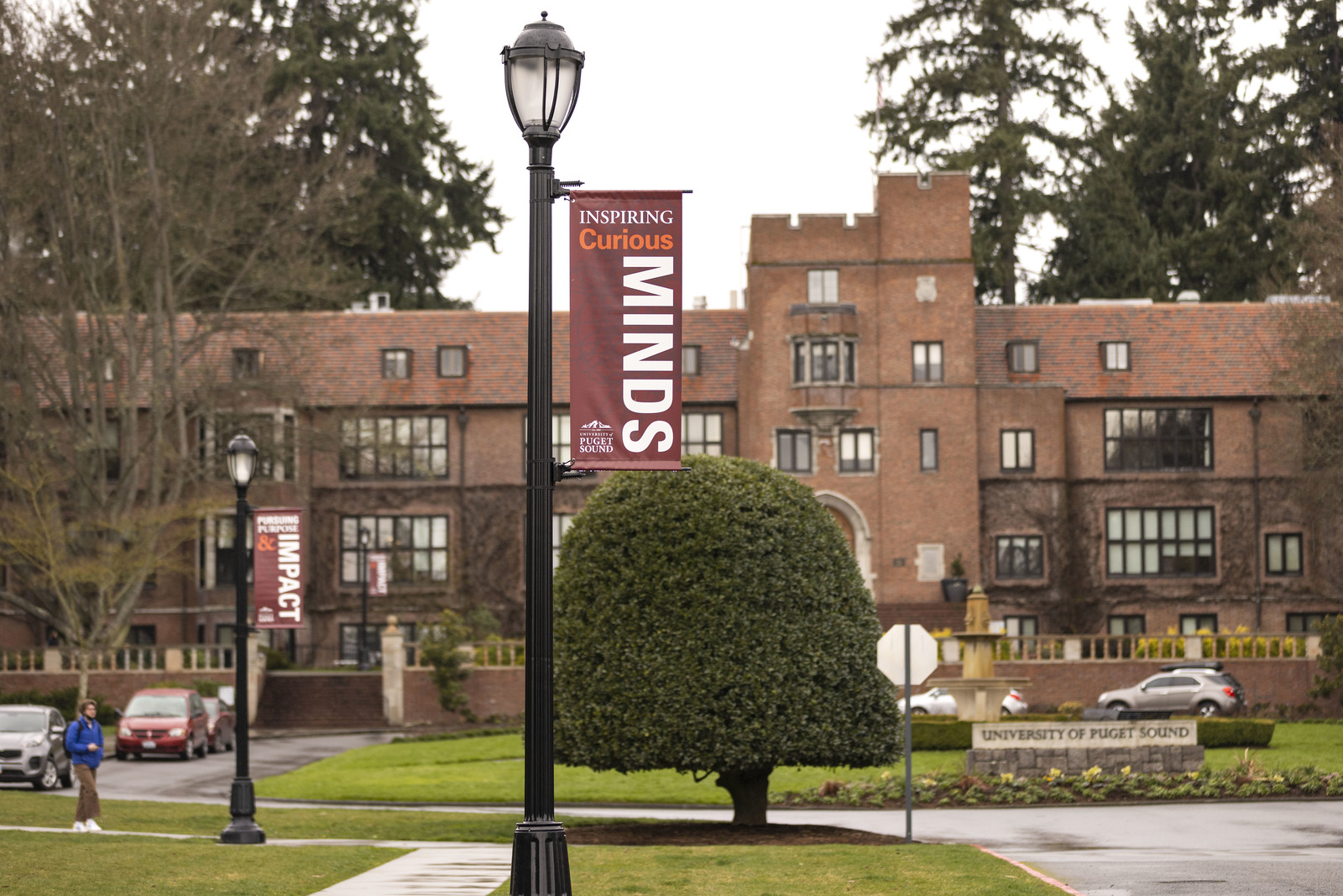 Jones Hall with Curious Minds lamp post banner in forefront