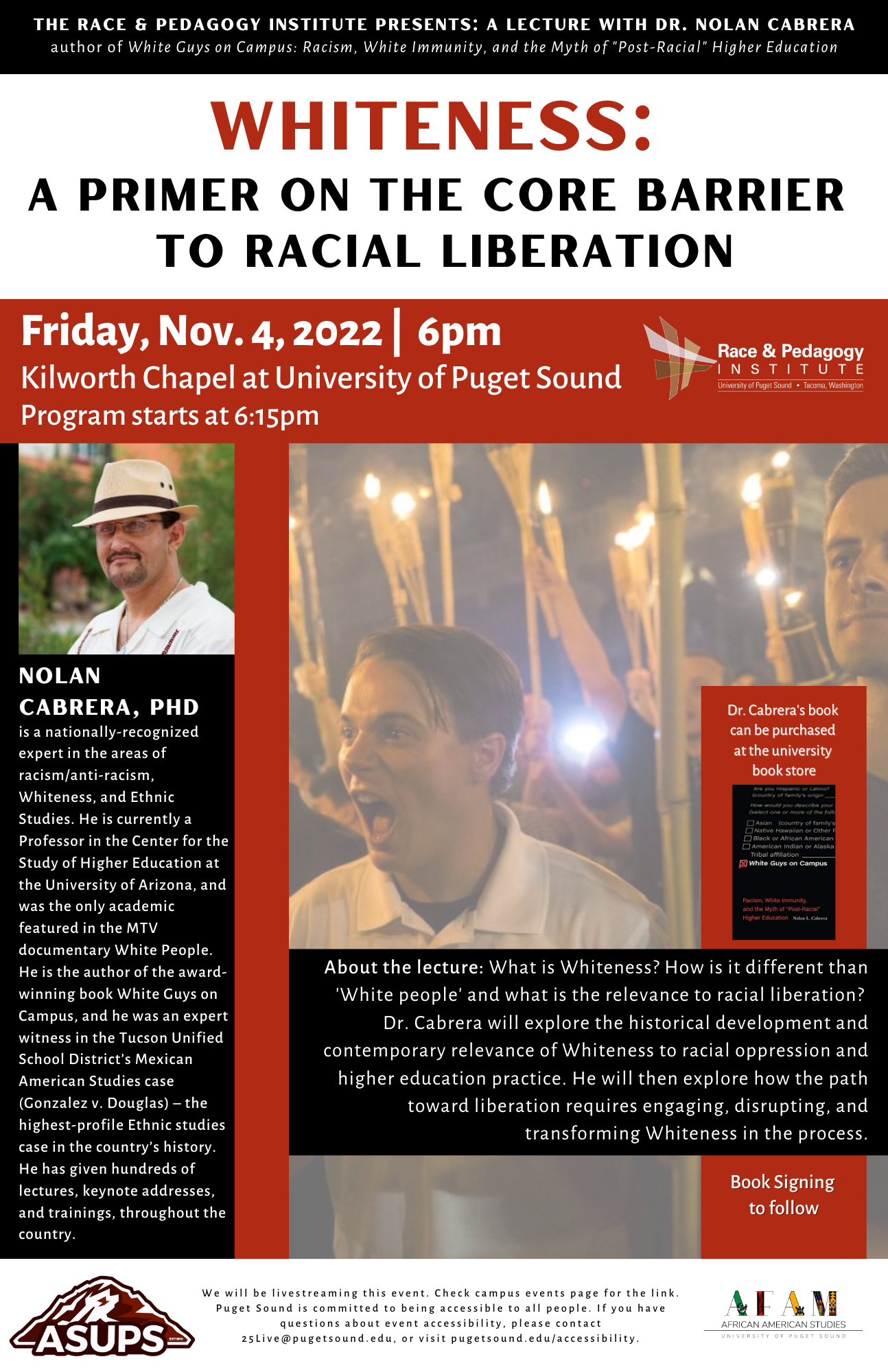Poster image in colors red, white, and black, displaying the name of the event, a brief description of the event, and a bio of Nolan Cabrera. All of the writing on the poster is also written on this webpage.
