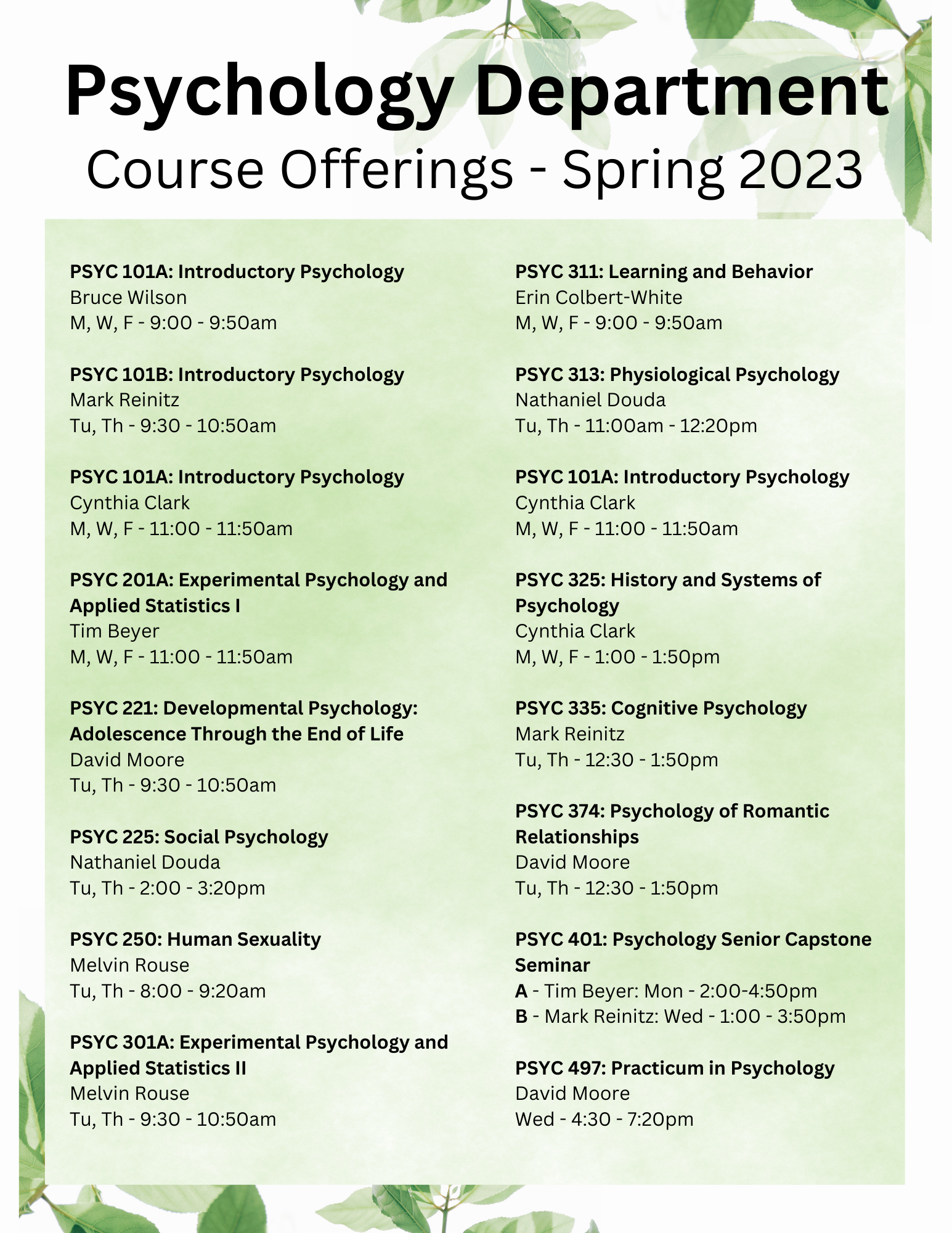 A list of all courses offered in the Psychology major for Spring 2023