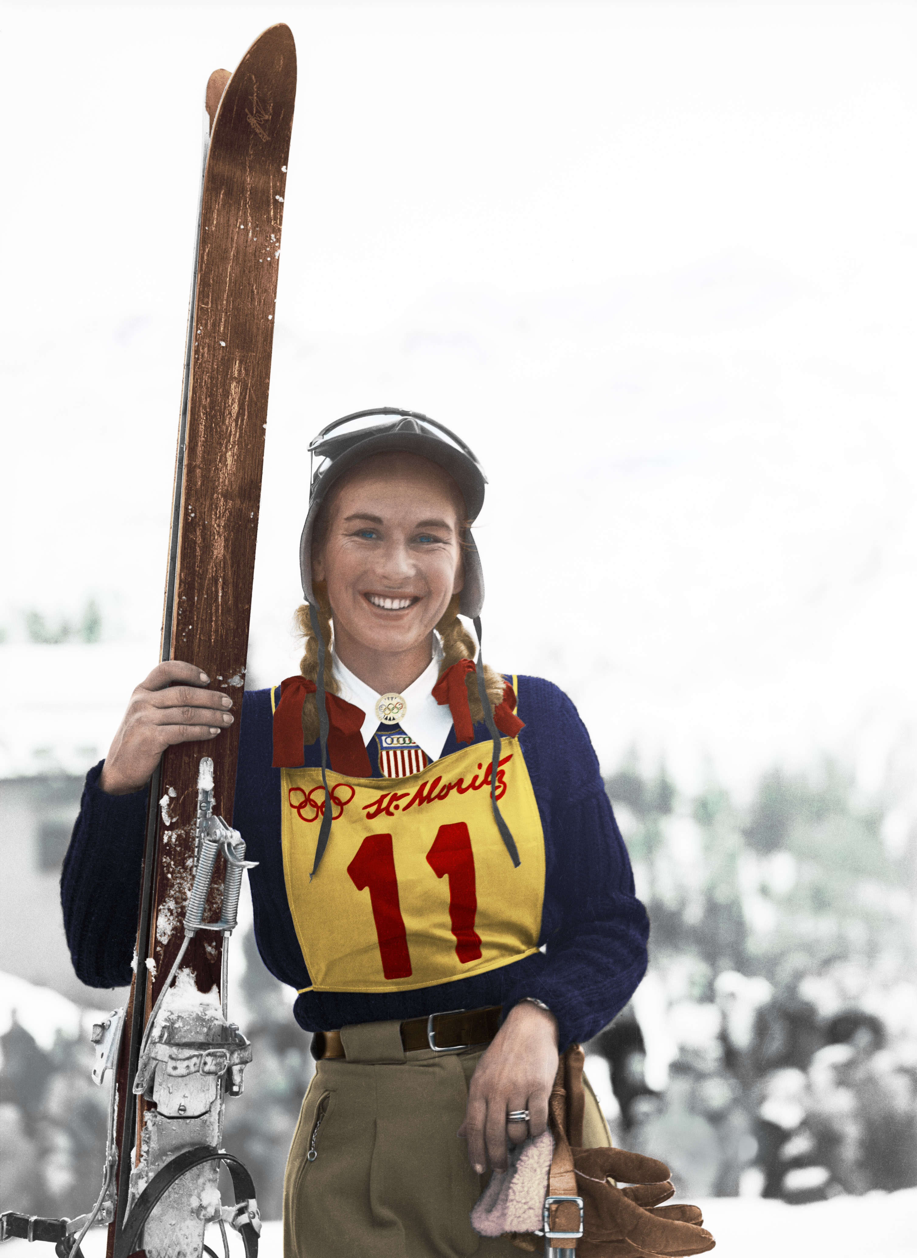 Gretchen Kunigk Fraser ’41 with her skis at the Olympics in 1948.