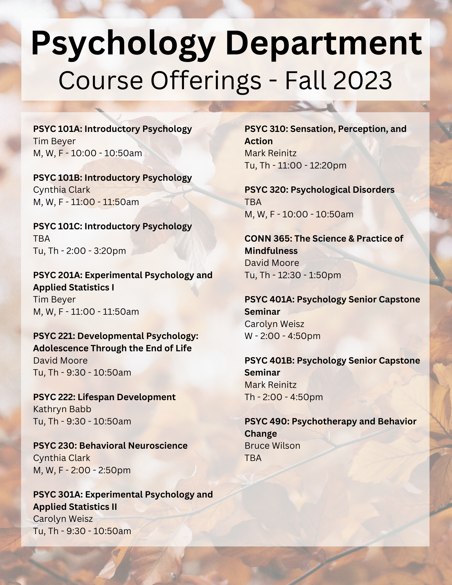 A list of all courses offered in the Psychology major for Fall 2023