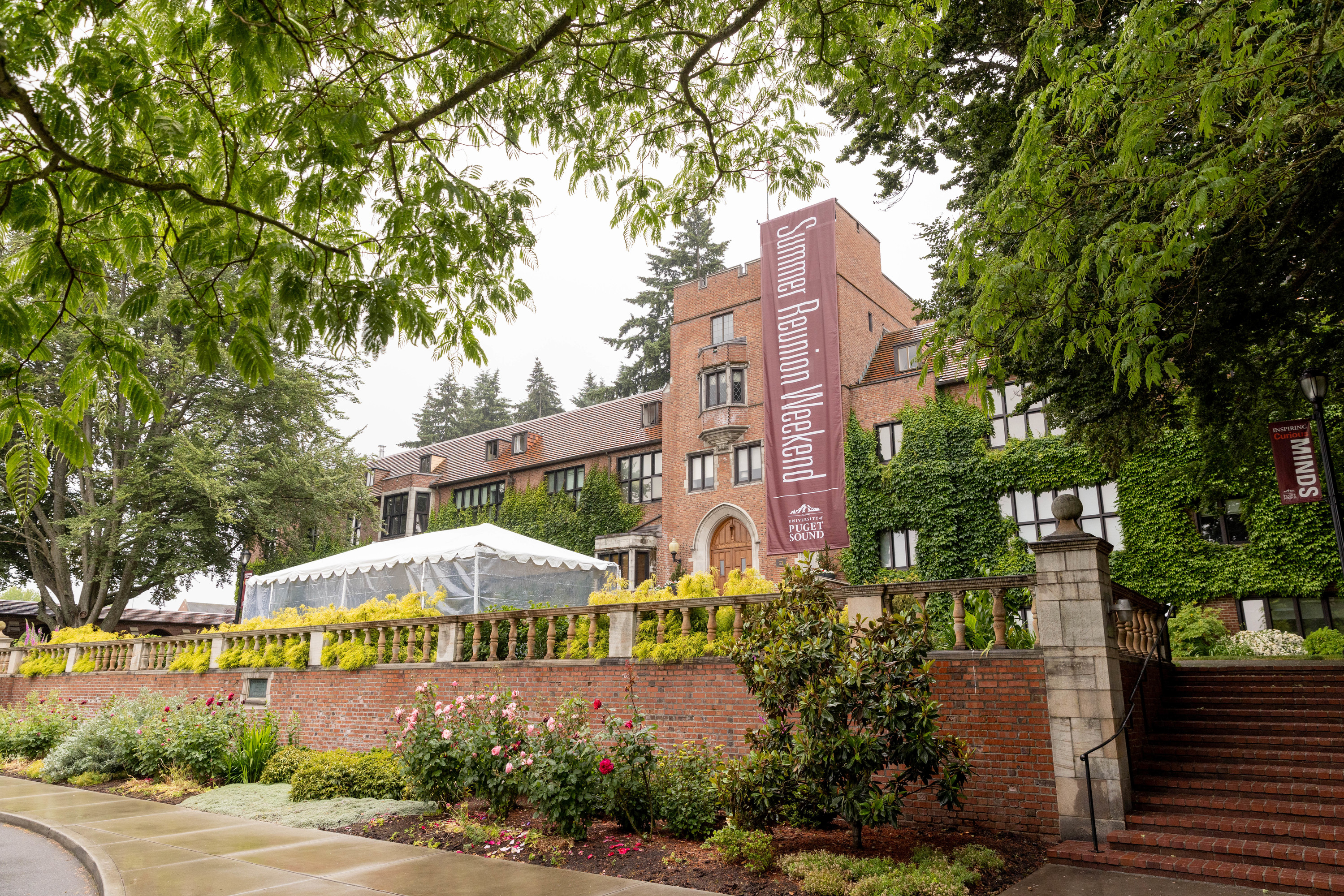 Summer Reunion Weekend banner hangs on the front of Jones Hall in 2023.