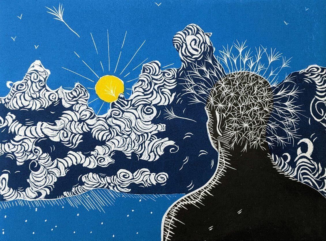 Bright blue background with white and black clouds and a yellow sun. Black silhouette of a person with dandelion-esque hair with pieces blowing away on the wind.