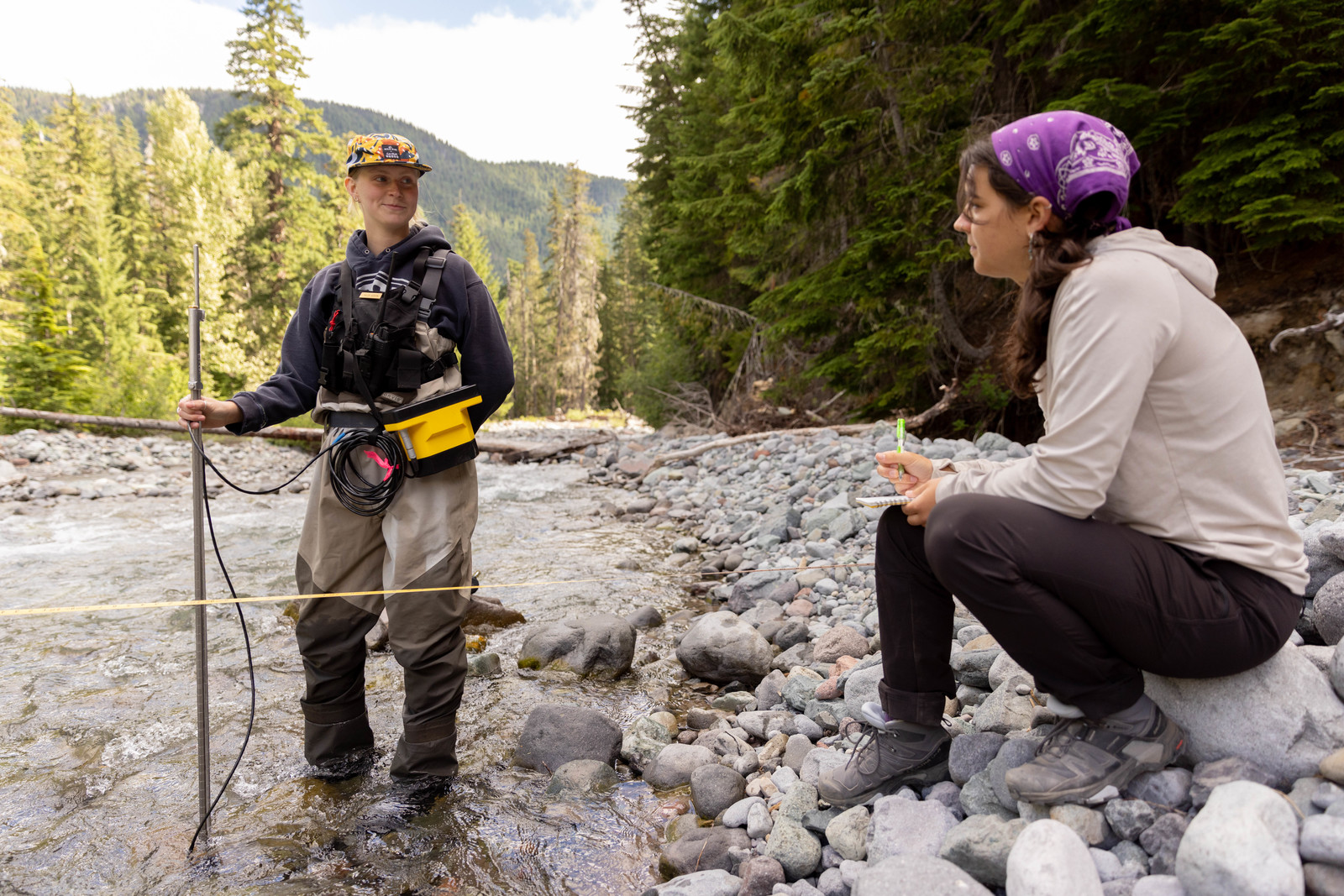 Gwen Lindberg ’25 and Paige Shinall ’25 measure stream flow in Mount Rainier National Park.