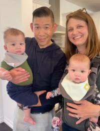 Solomon Chou '04, Britta Strother Chou '05, and their twins Elise and Smerson.