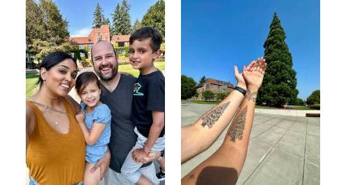 Nani Vishwanath ’09, Matt Hoffman ’08, and their kids Sameer and Amaya (left) and Nani and Matt showing their sequoia tattoos next to Puget Sound’s sequoia