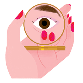 Incurable Optimist. Illustration an eye in a makeup mirror by Loris Lora.