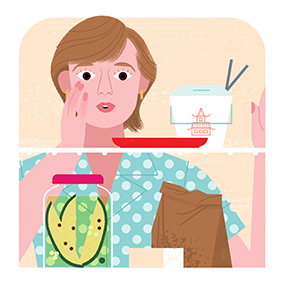 Incurable Optimist. Illustration a woman peering into a nearly empty refrigerator by Loris Lora.