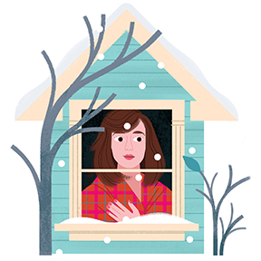 Incurable Optimist. Illustration a woman looking out a window at falling snow by Loris Lora.