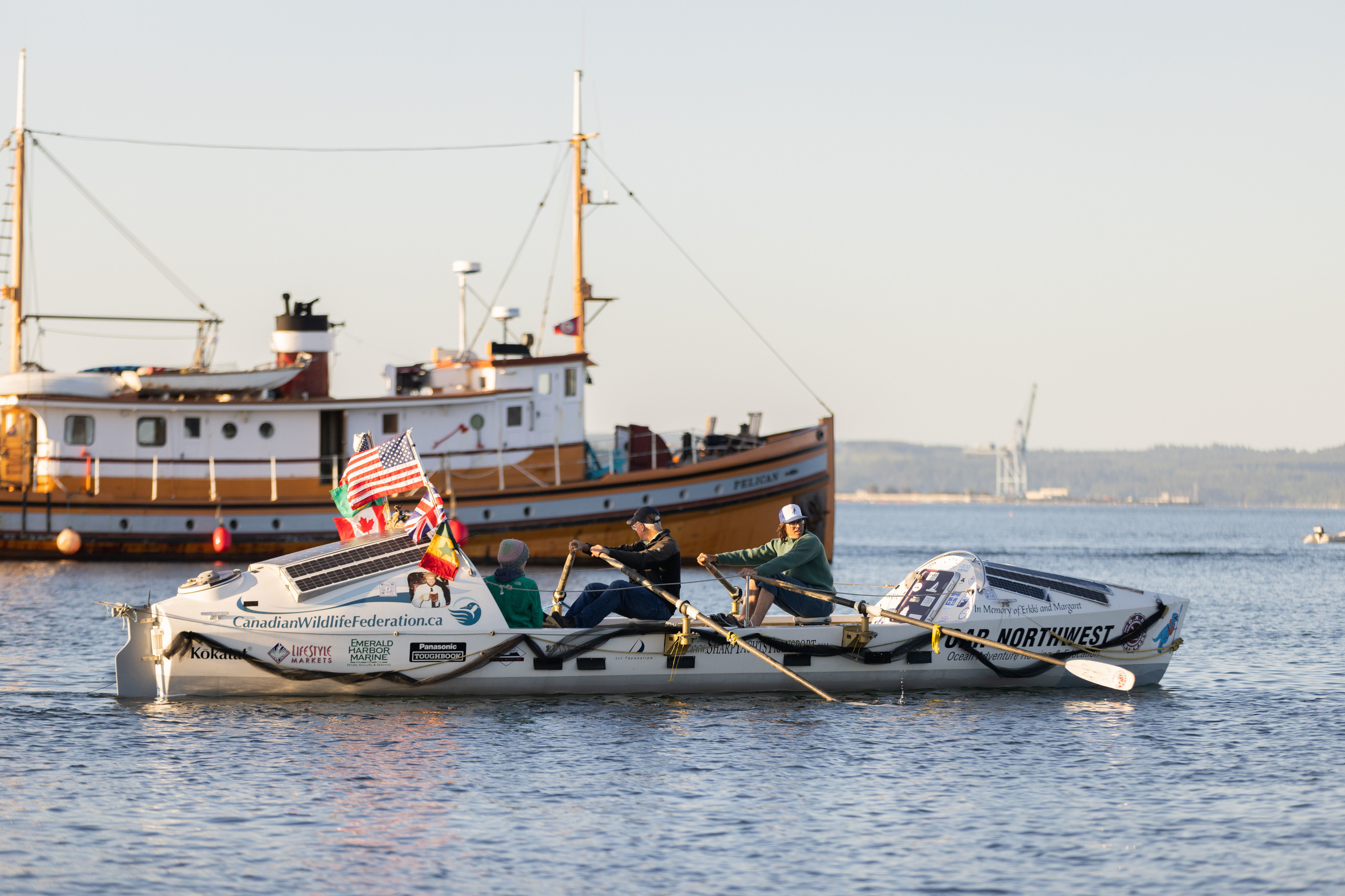 The James Robert Hanssen, an ocean-going fiberglass row boat, is rowed across Port Townsend Bay to be decommissioned and recycled in 2013.