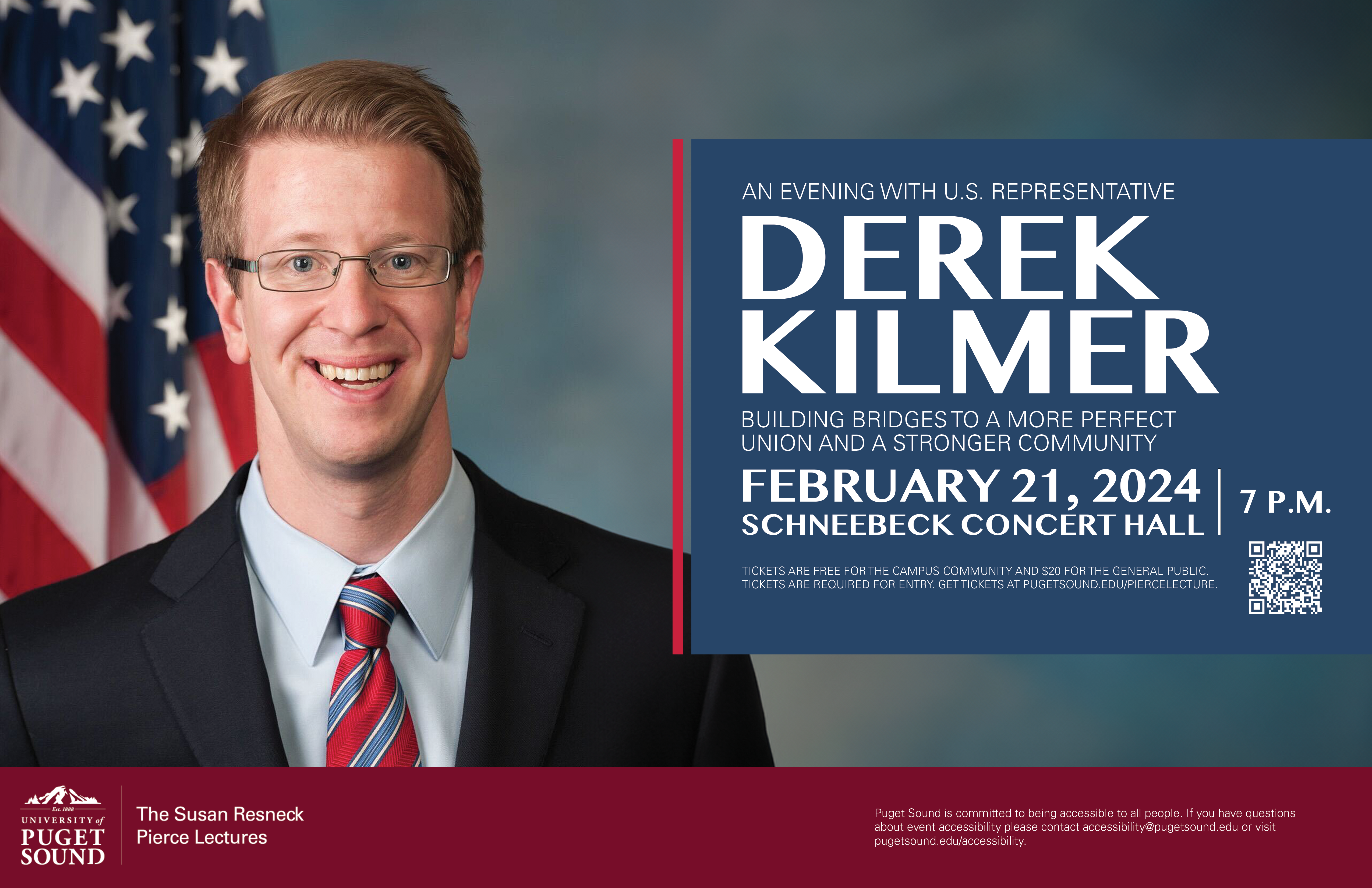 Derek Kilmer stands in front of an American flag smiling.