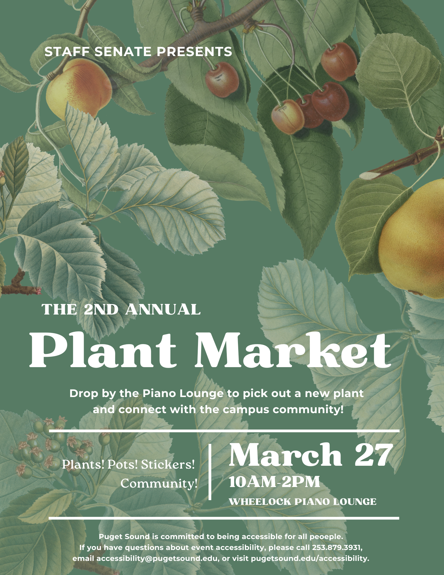 A poster for the 2024 Staff Senate Plant Market with the date of March 27 from 10a-2pm in Wheelock