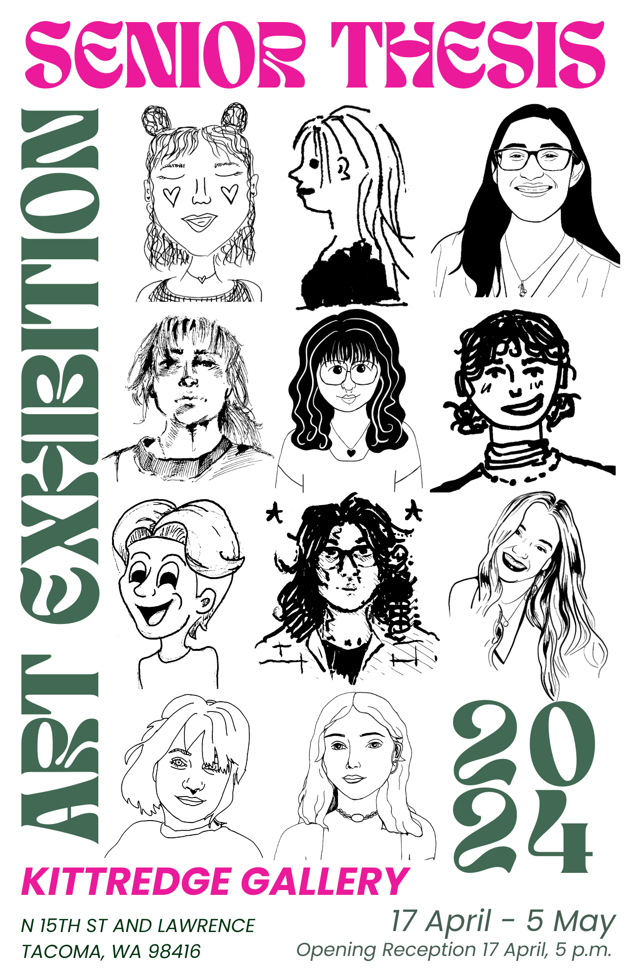 Senior Thesis Art Exhibition Poster with artists’ faces illustrated