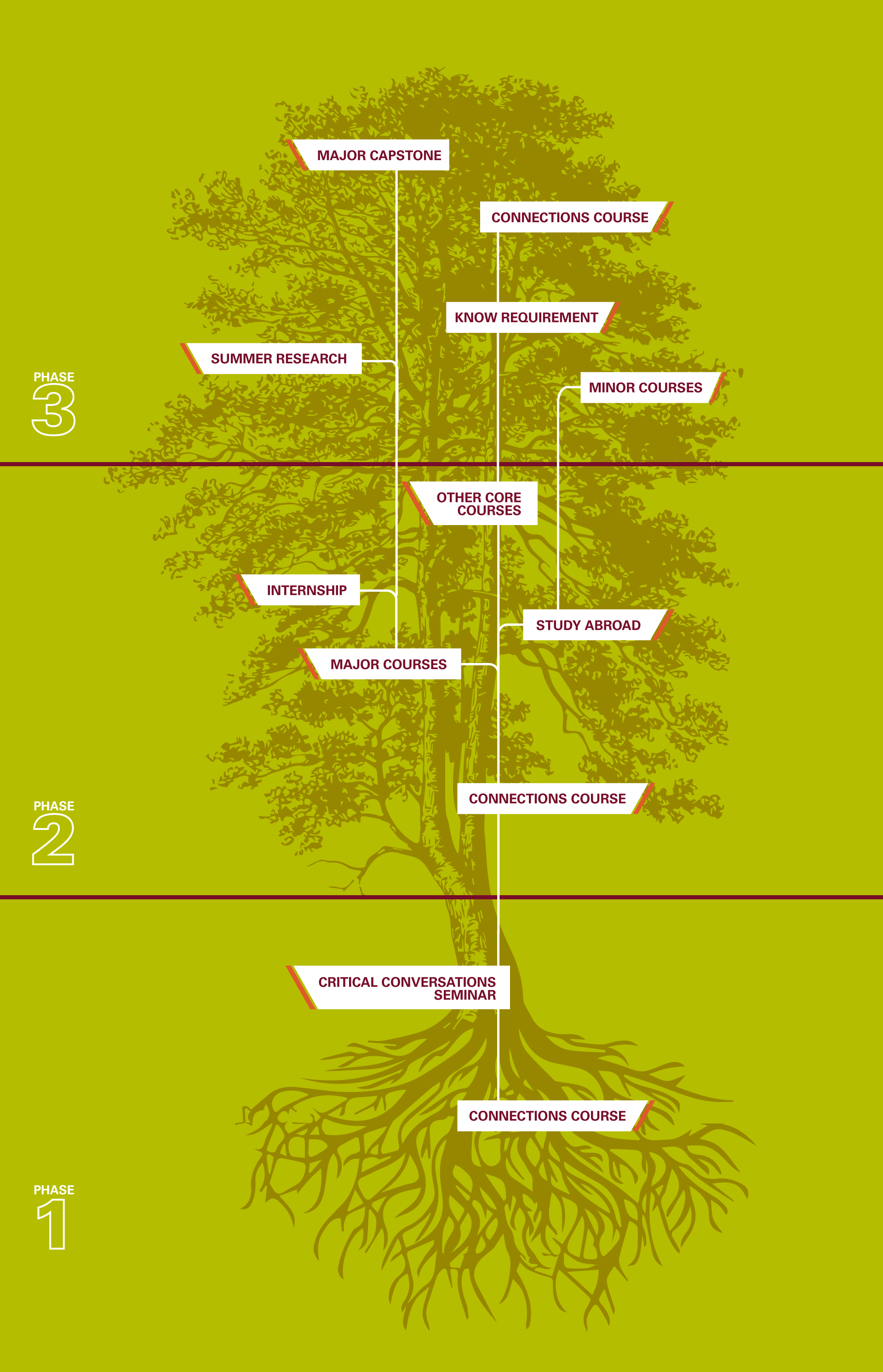 Tree graphic with lines and labels for the various aspects of the GROW core curriculum, including: Connections Course, Critical Conversations Seminar, another Connections Course, Major Courses, Study Abroad, Internship, Other Core Courses, Minor Courses, Summer Research, KNOW Requirement, Connections Course, Major Capstone