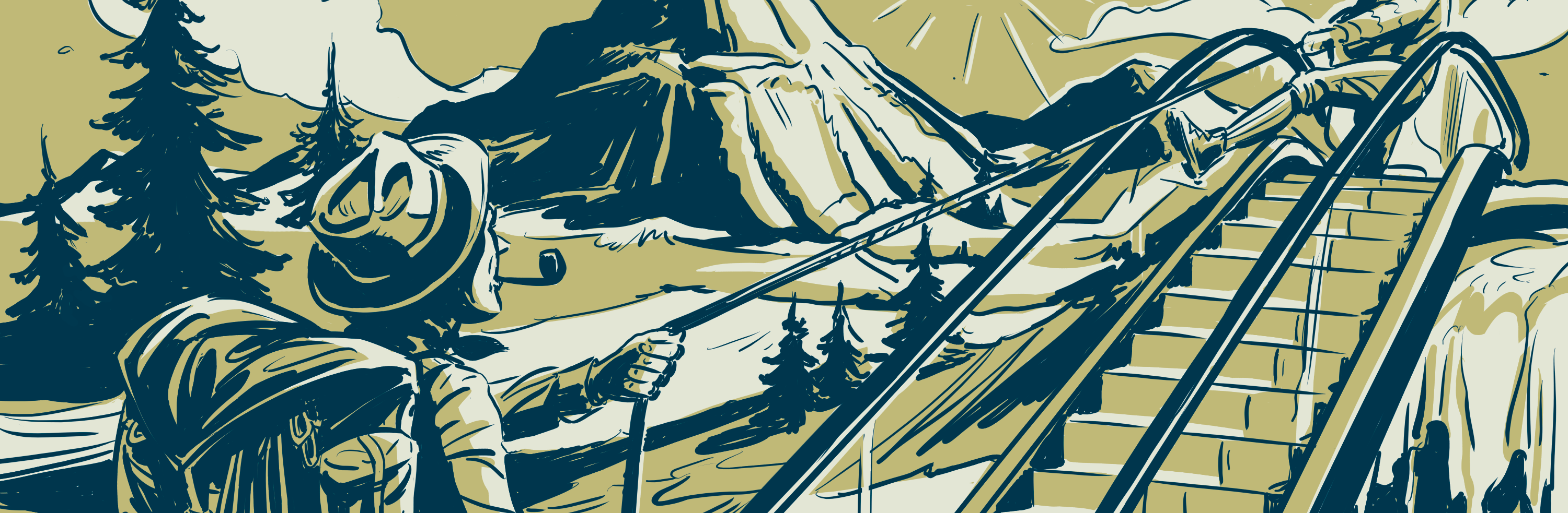 Illustration of mountain scene with a pair of climbers scaling an escalator with ropes to get to the wilderness