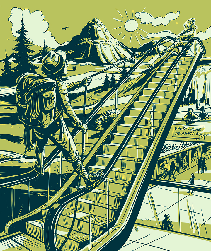 Illustration of a mountain scene with an escalator and two climbers scaling it to get to the wilderness beyond