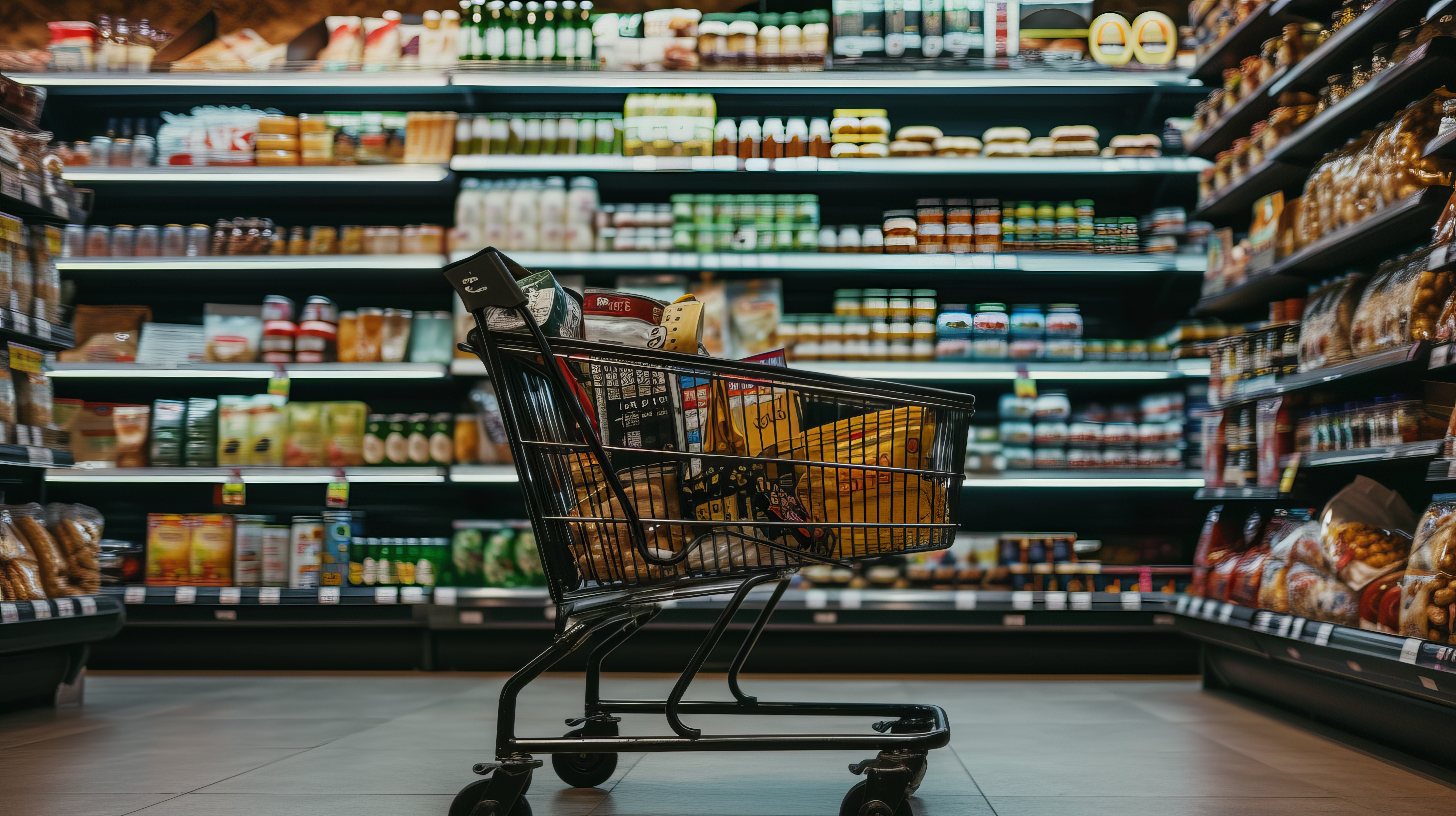 Shopping cart and shelves of products in a store (royalty free image from Pixabay)