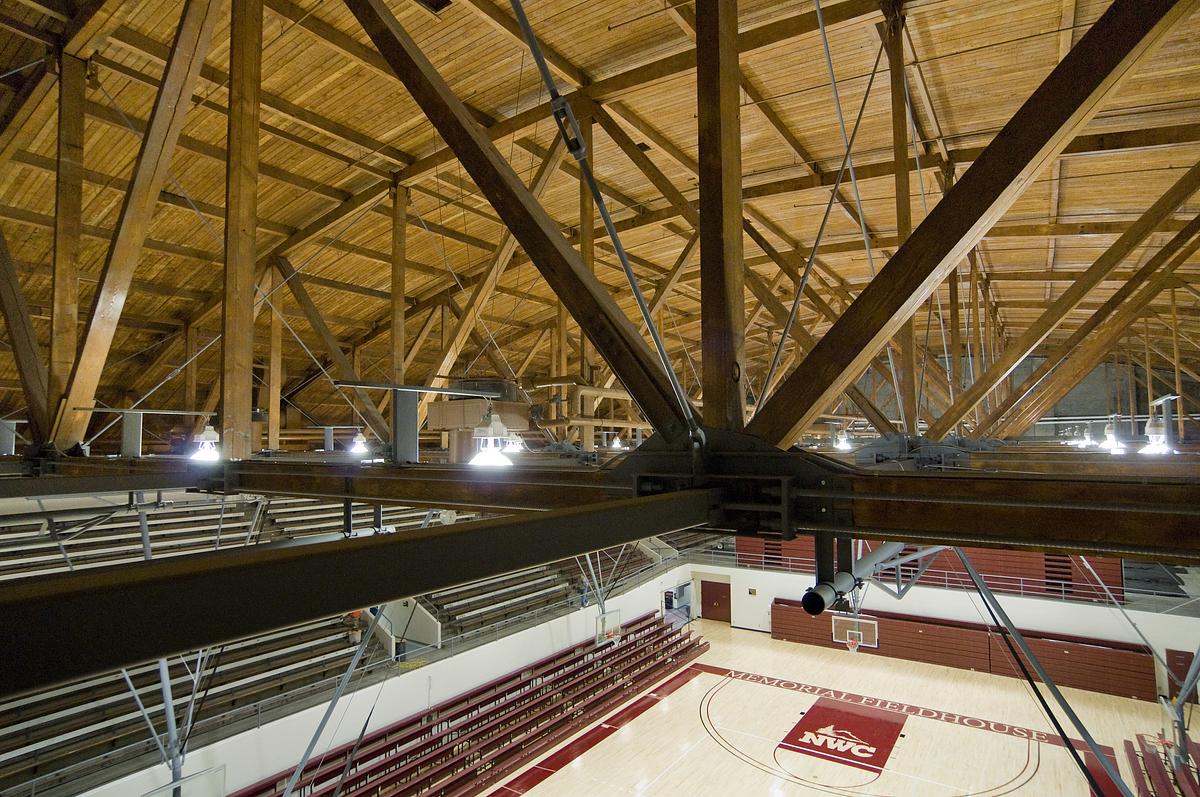 Interior aerial view over the Memorial Fieldhouse court