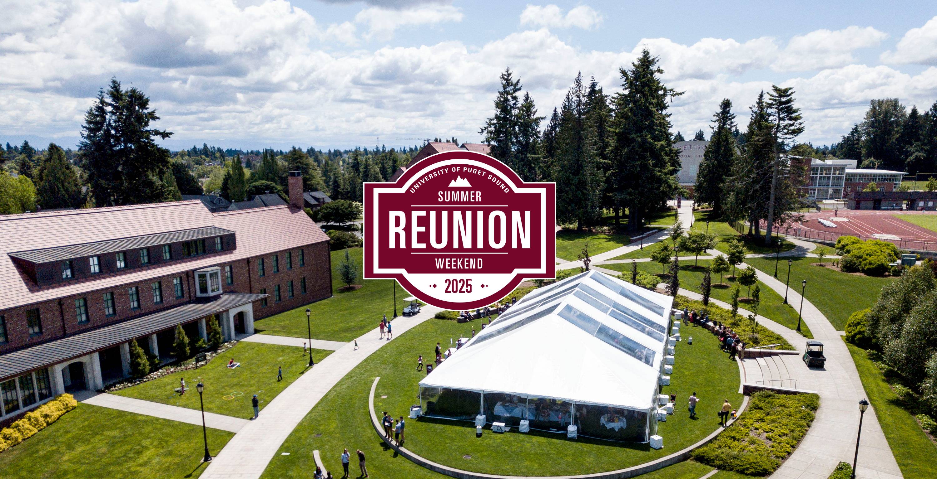 Aerial view of Event Lawn with Summer Reunion Weekend tent and logo