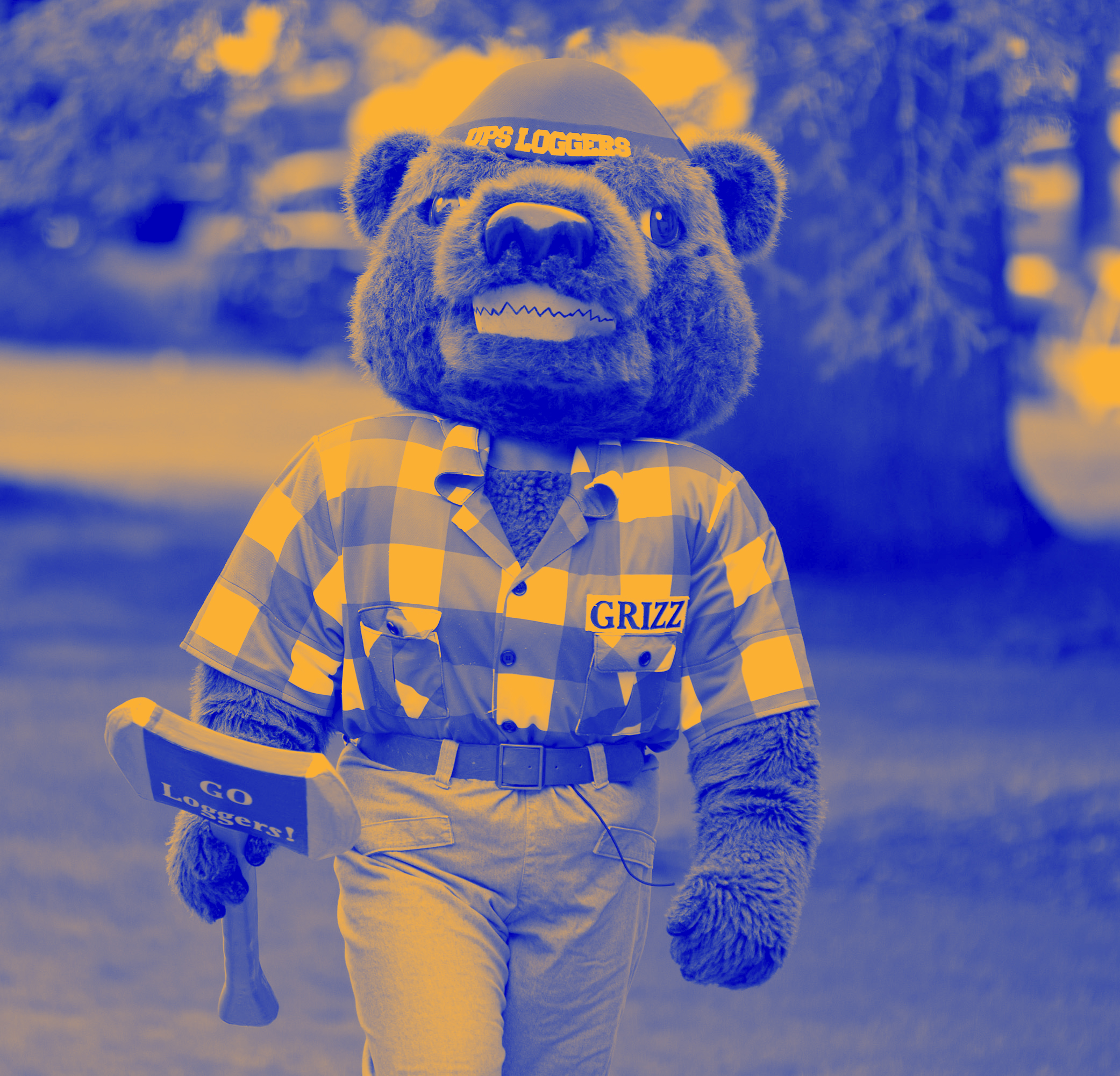 Blue and yellow tonal image of he mascot Grizz.