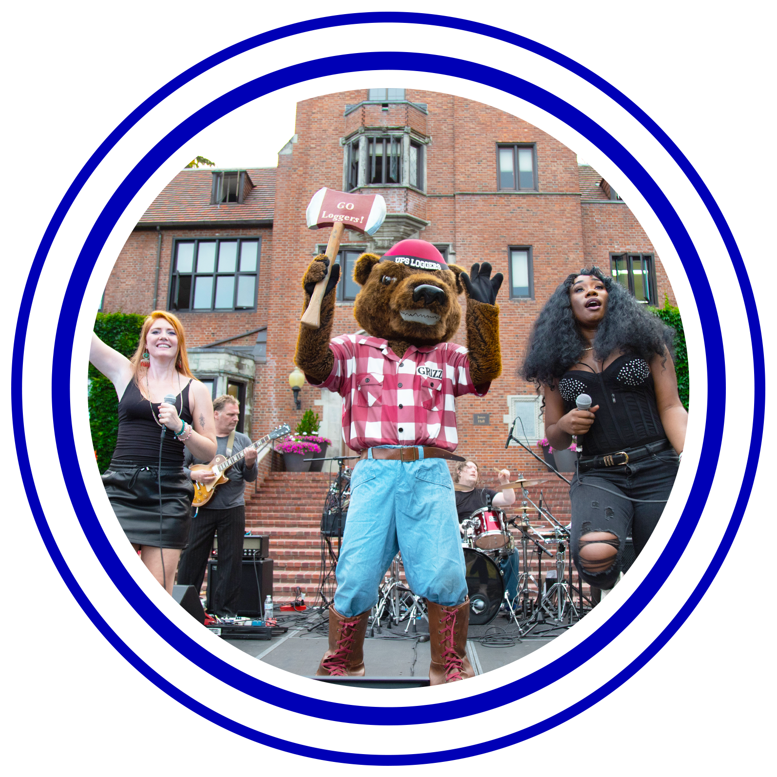 Circular image with colorful rings around it of Grizz performing with two other signers on stage.