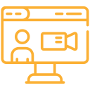 Yellow outline icon of a monitor with a person and video camera on it.