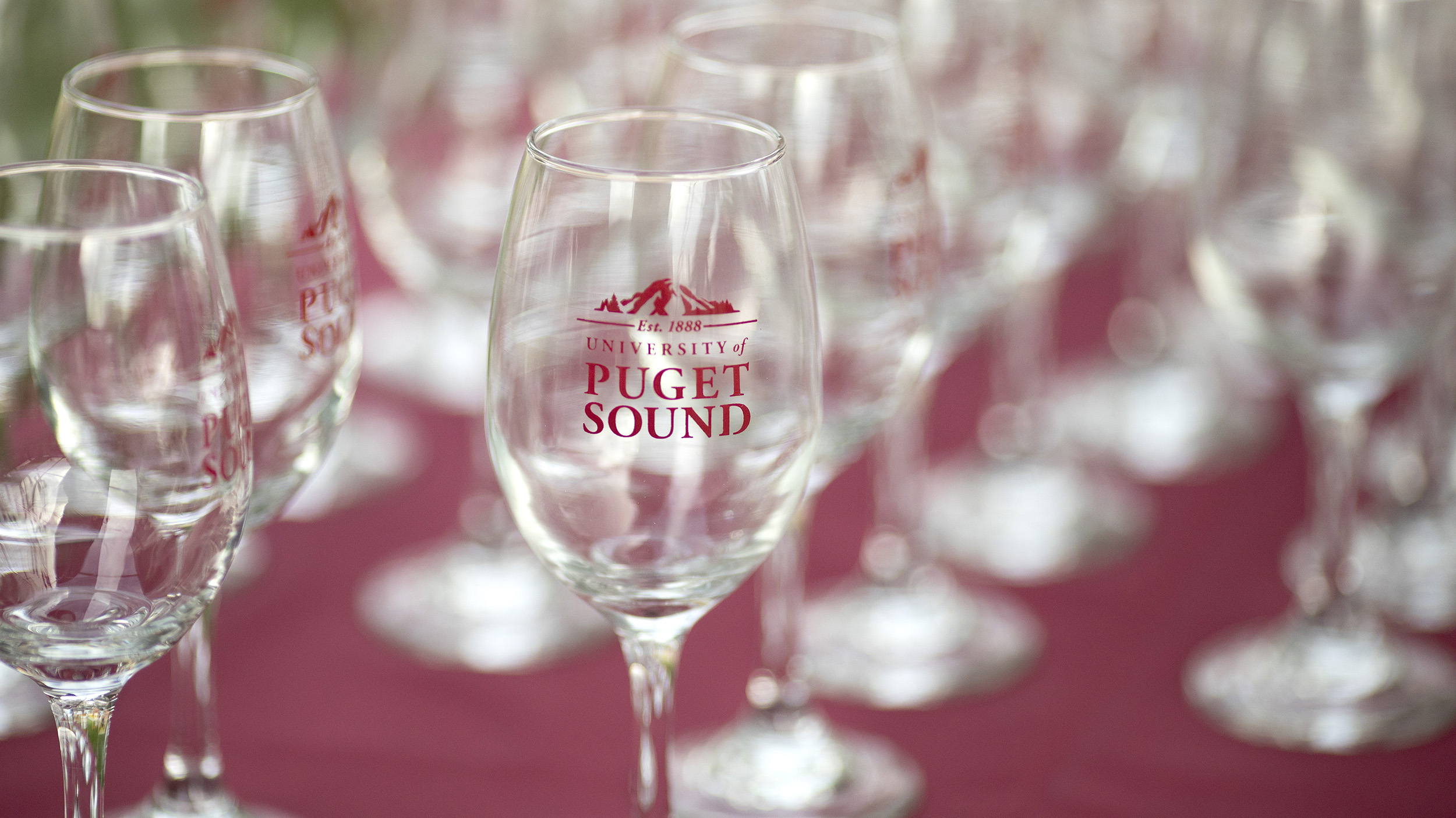 Wine glass with the University of Puget Sound logo