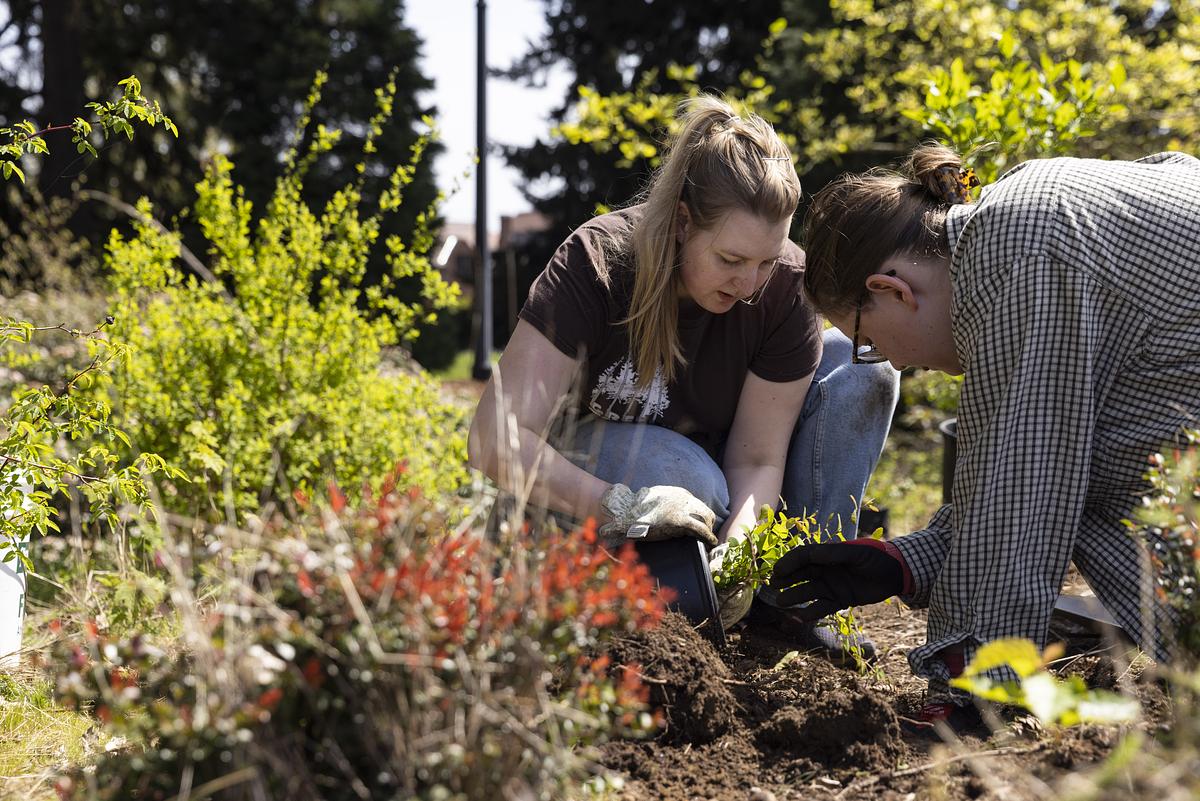 Sustainability Director Lexi Brewer (left) eads a Student Day of Action with a habitat restoration event.